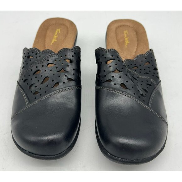 Thom McAn Women's Leather Cut-Out Comfort Wedge Clogs Size 8.5 Black Casual - Picture 3 of 8